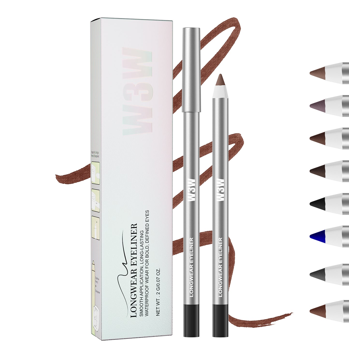 W3W Longwear Waterproof Eyeliner Pencil - Smooth Application, Smudge-Proof Brown (0.07 oz)